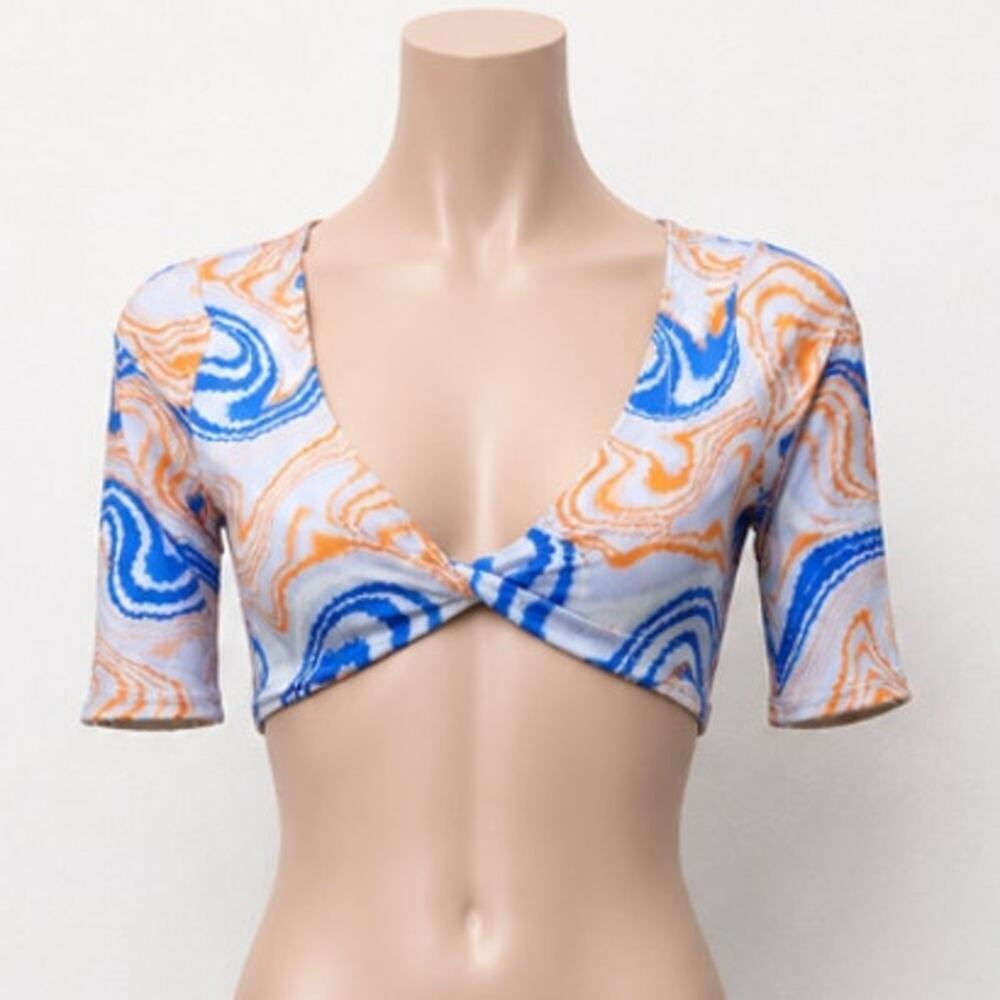 NWT Icon Swim White Blue Orange Sunset Dive Wave Print Twist Front Crop Top S